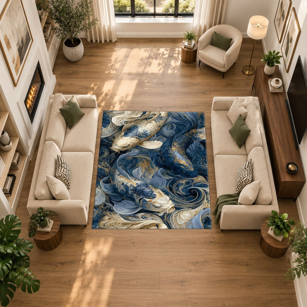 Navy Koi Fish Swirls printed area rug