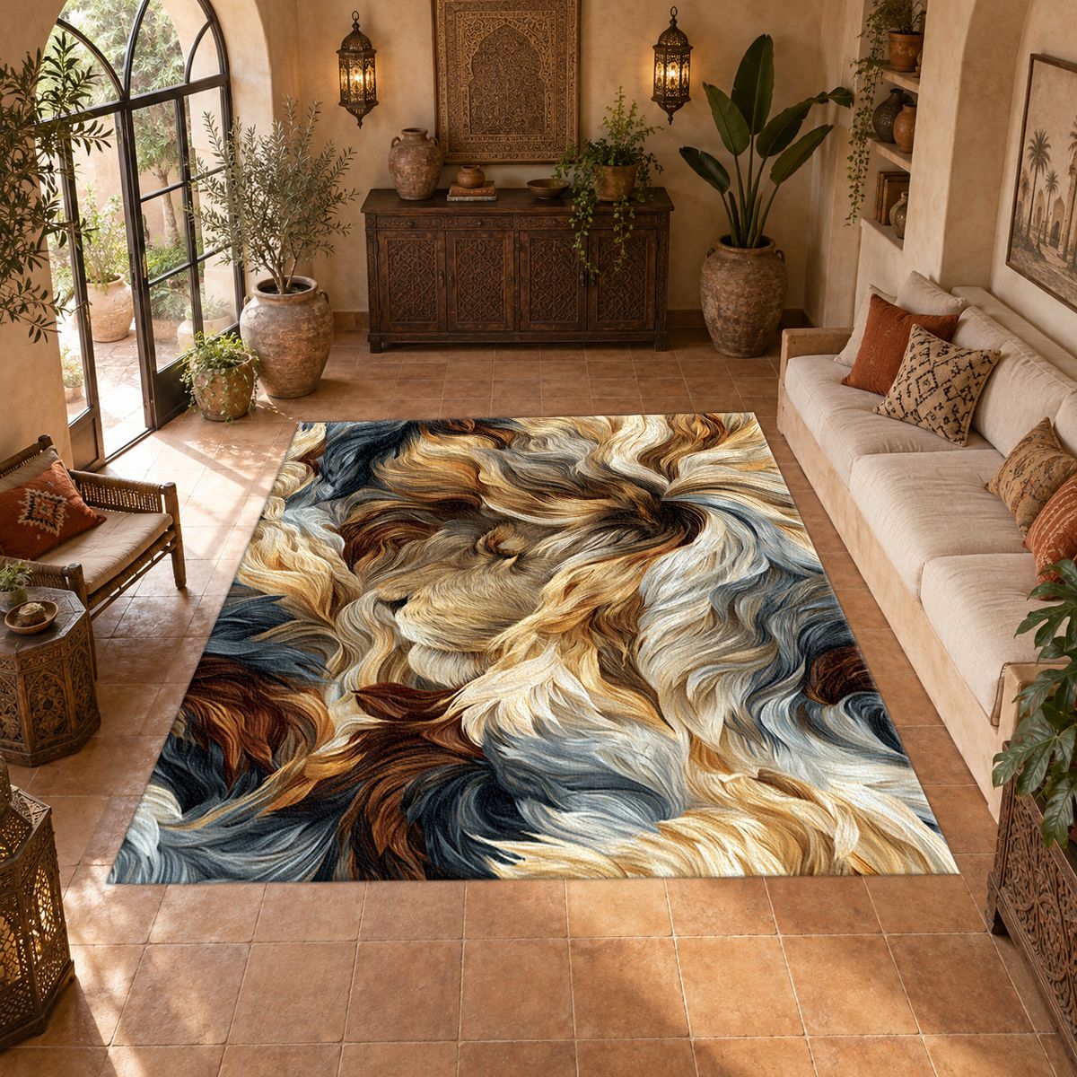 Cream and Black Fur Swirl printed area rug