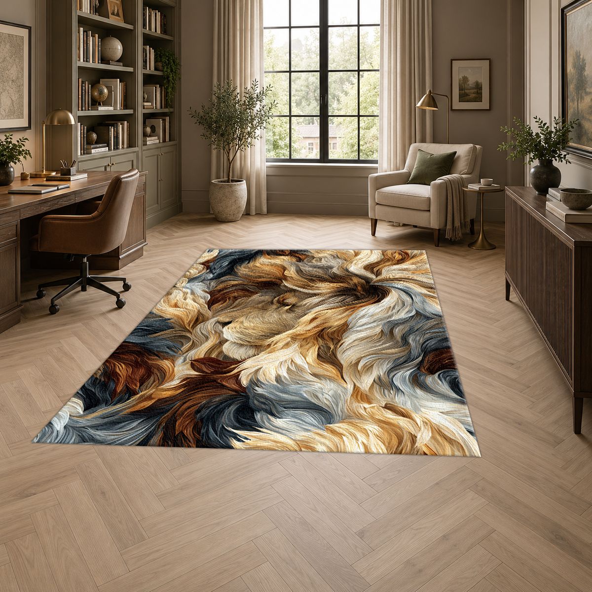 Cream and Black Fur Swirl printed area rug