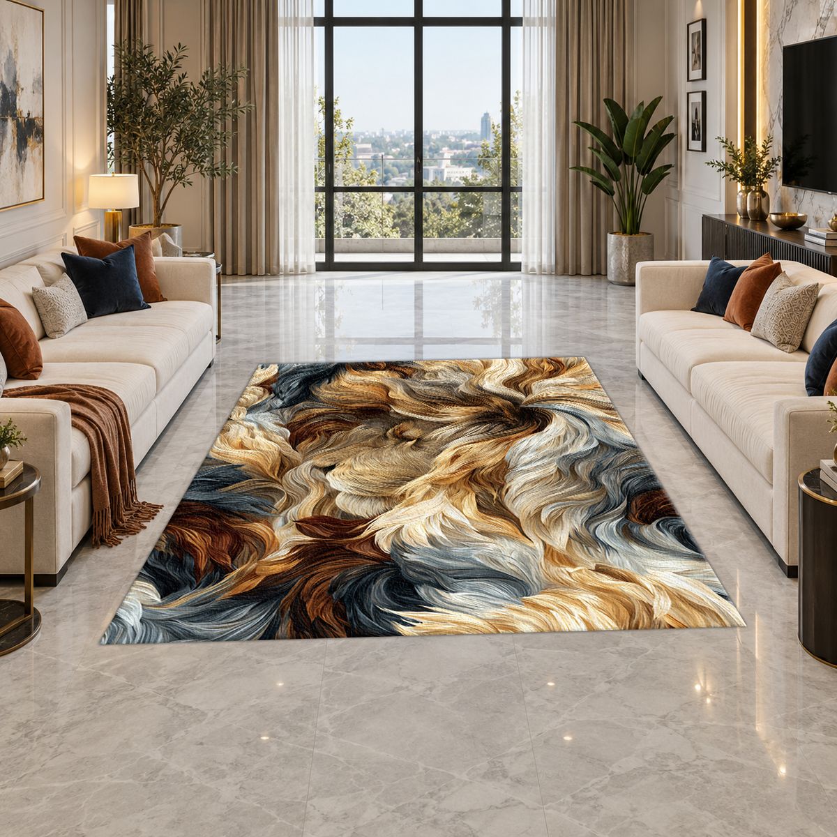 Cream and Black Fur Swirl printed area rug