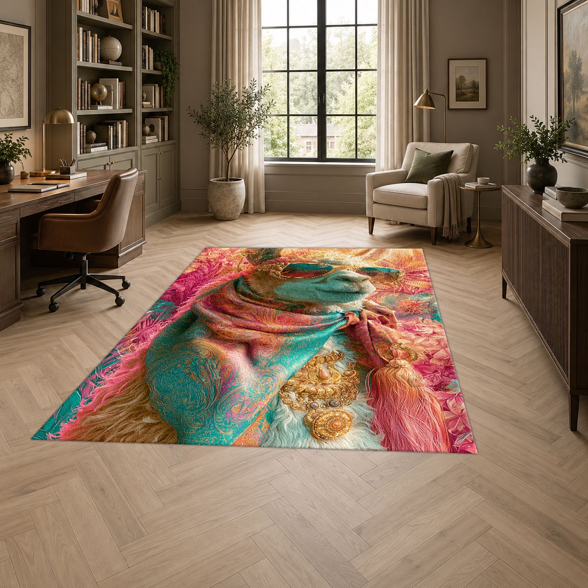 Llama in Pink Scarf Pop Art printed area rug