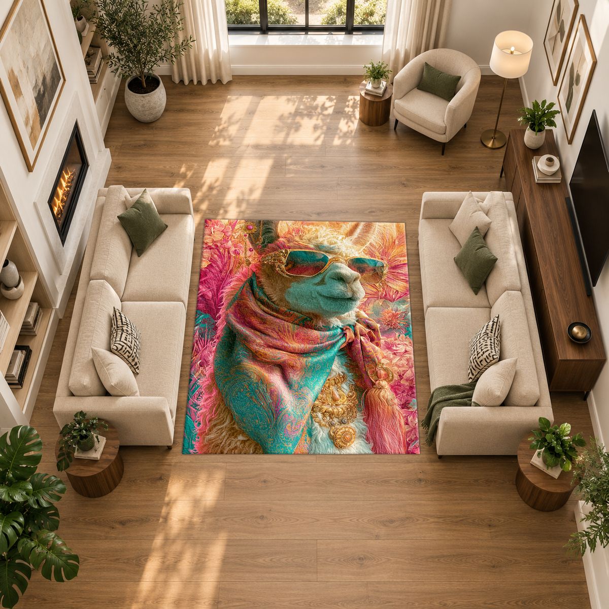 Llama in Pink Scarf Pop Art printed area rug