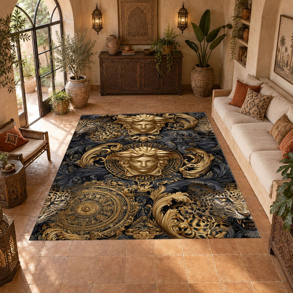 Baroque Gold Medusa and Leopard printed area rug