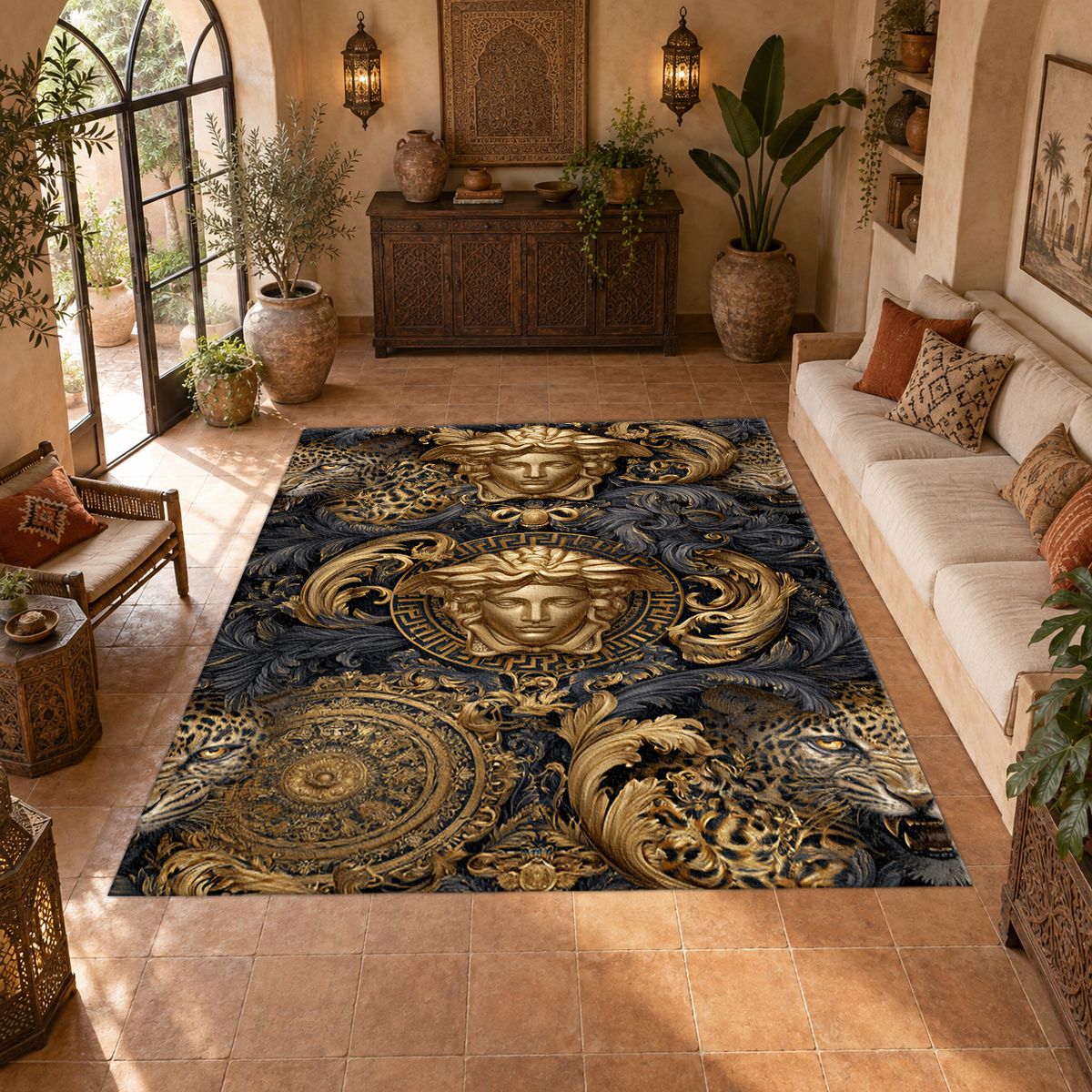 Baroque Gold Medusa and Leopard printed area rug