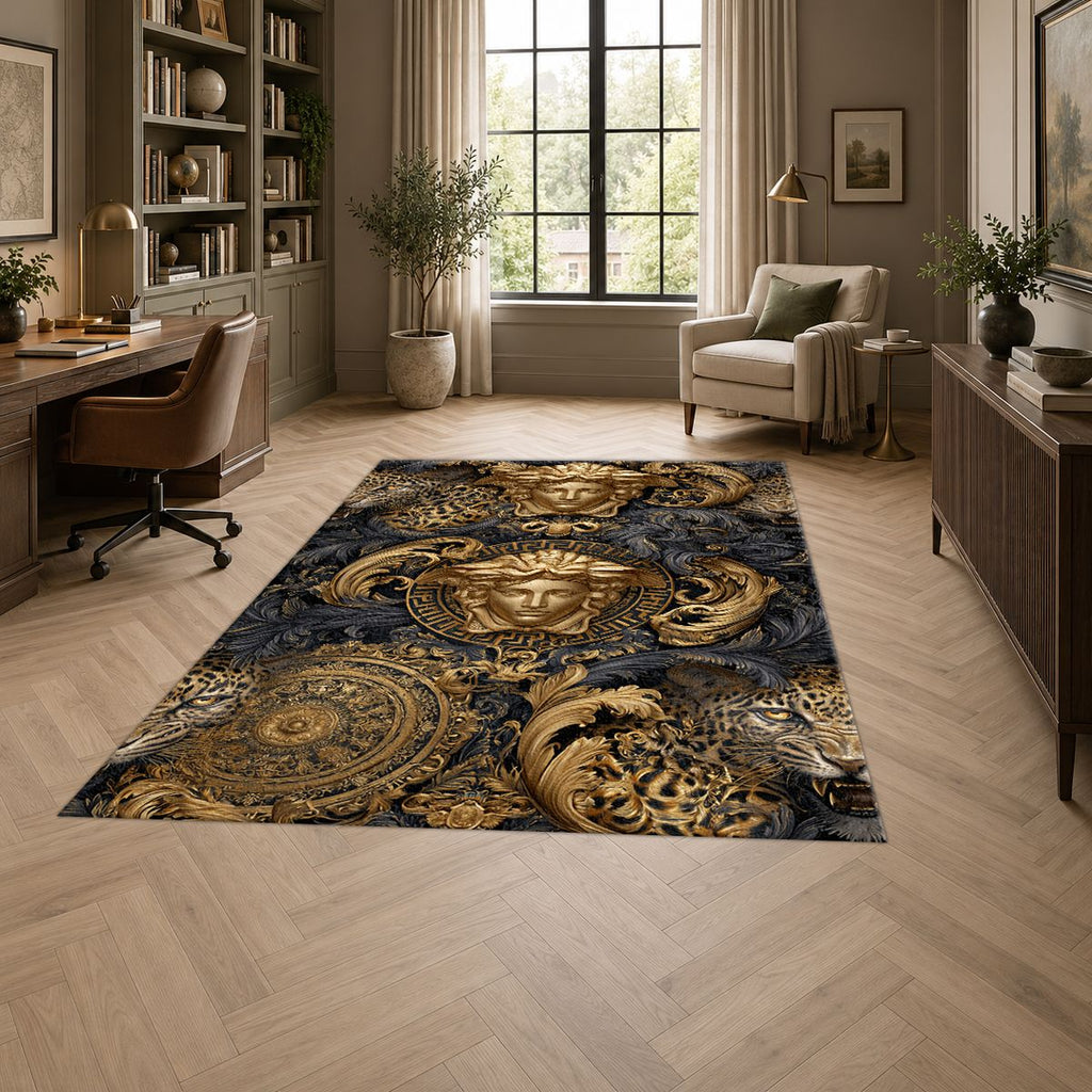 Baroque Gold Medusa and Leopard printed area rug