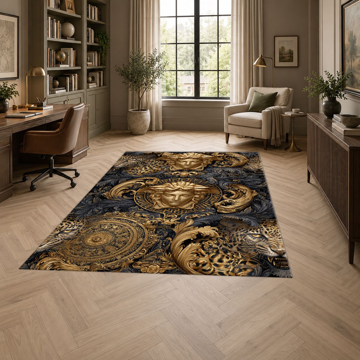 Baroque Gold Medusa and Leopard printed area rug