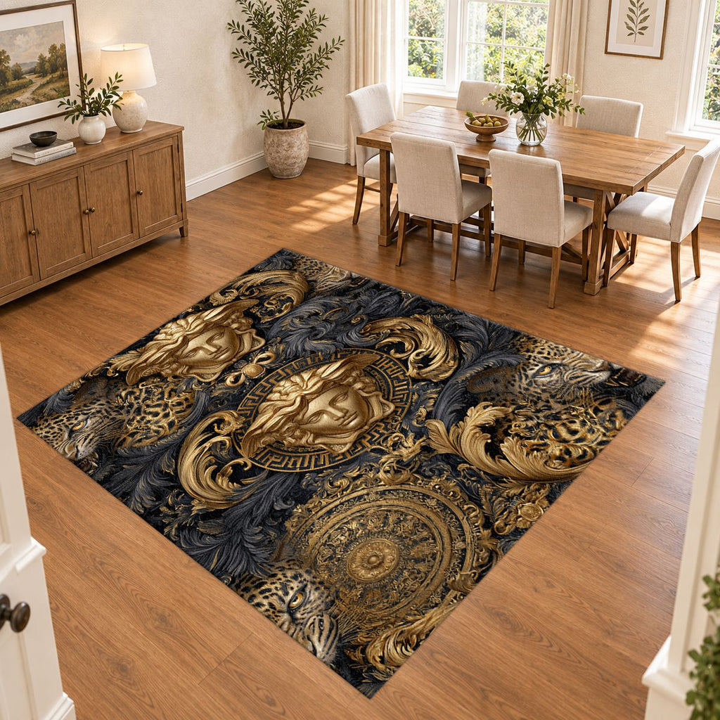 Baroque Gold Medusa and Leopard printed area rug