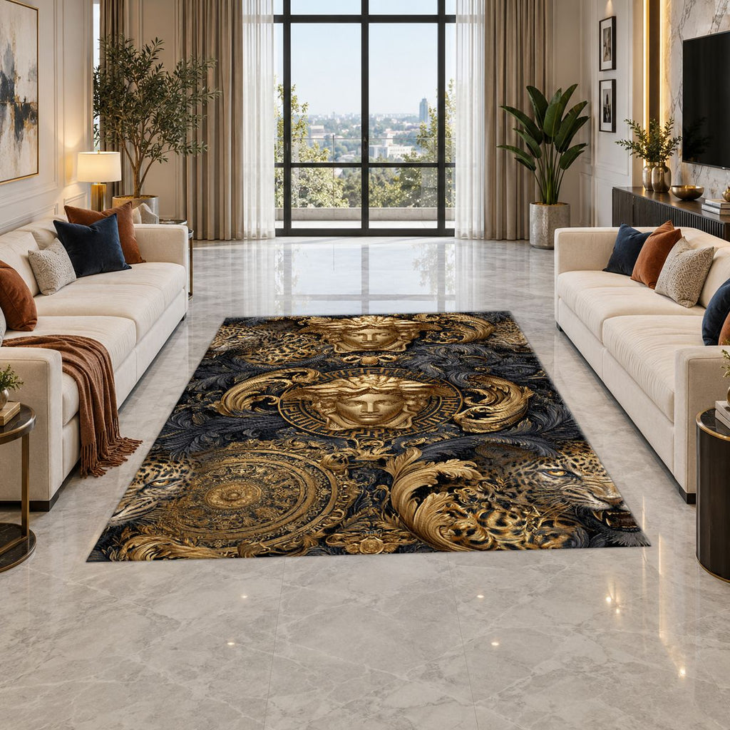 Baroque Gold Medusa and Leopard printed area rug