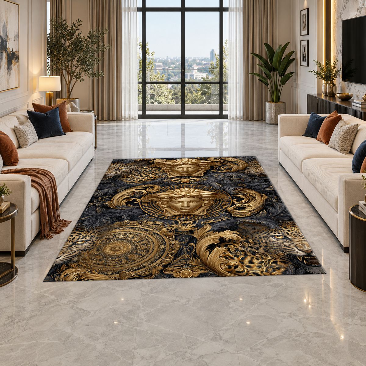 Baroque Gold Medusa and Leopard printed area rug
