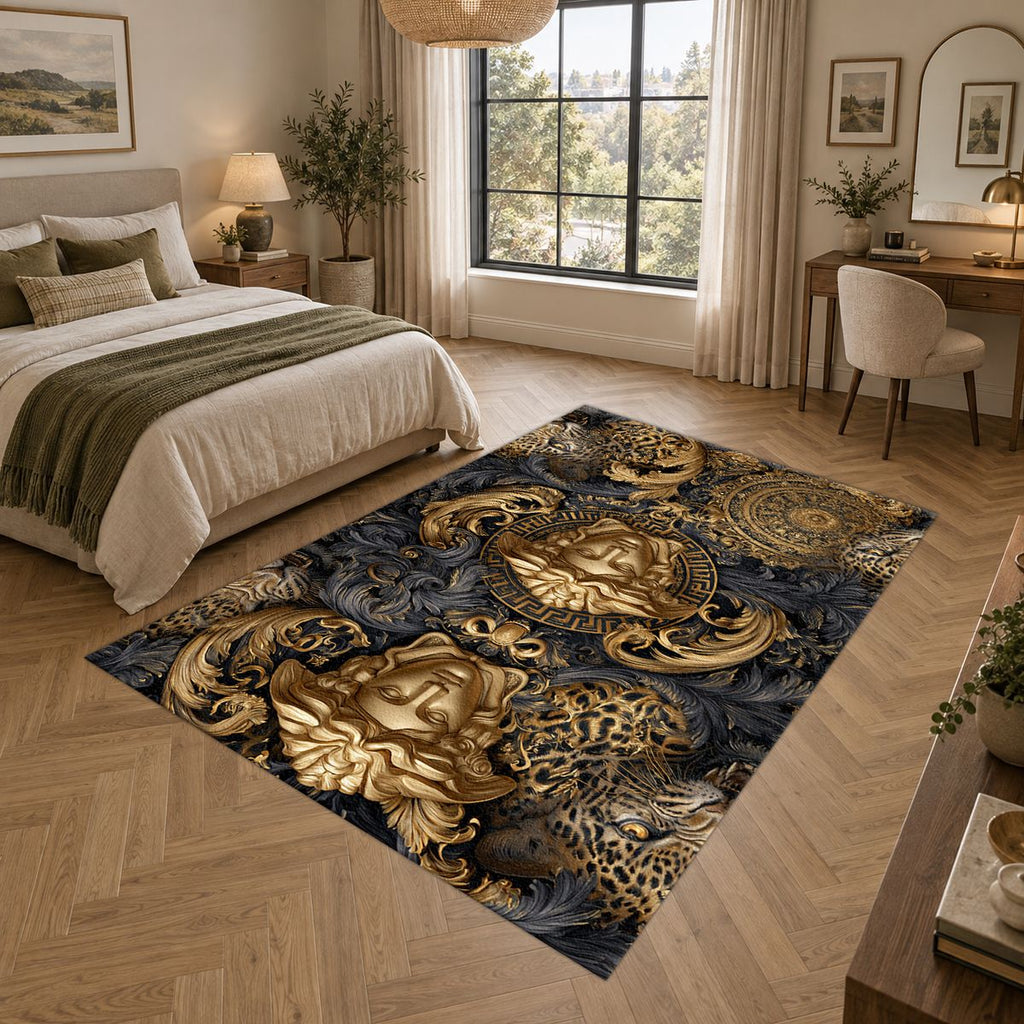 Baroque Gold Medusa and Leopard printed area rug