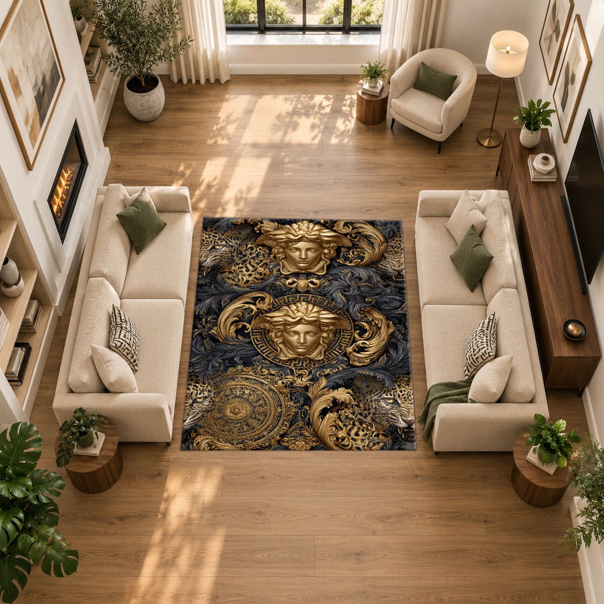 Baroque Gold Medusa and Leopard printed area rug