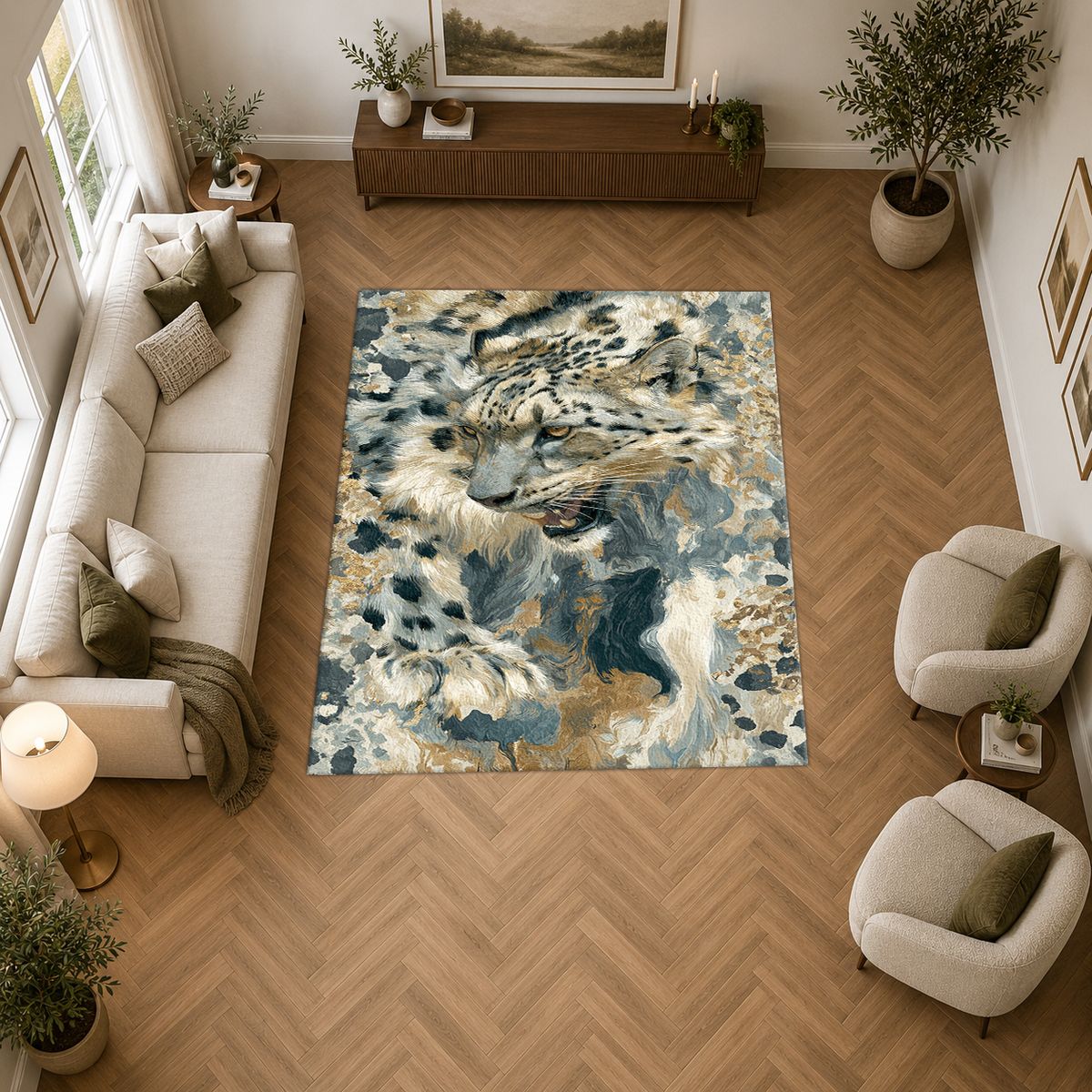 Snow Leopard Abstract Pattern printed area rug