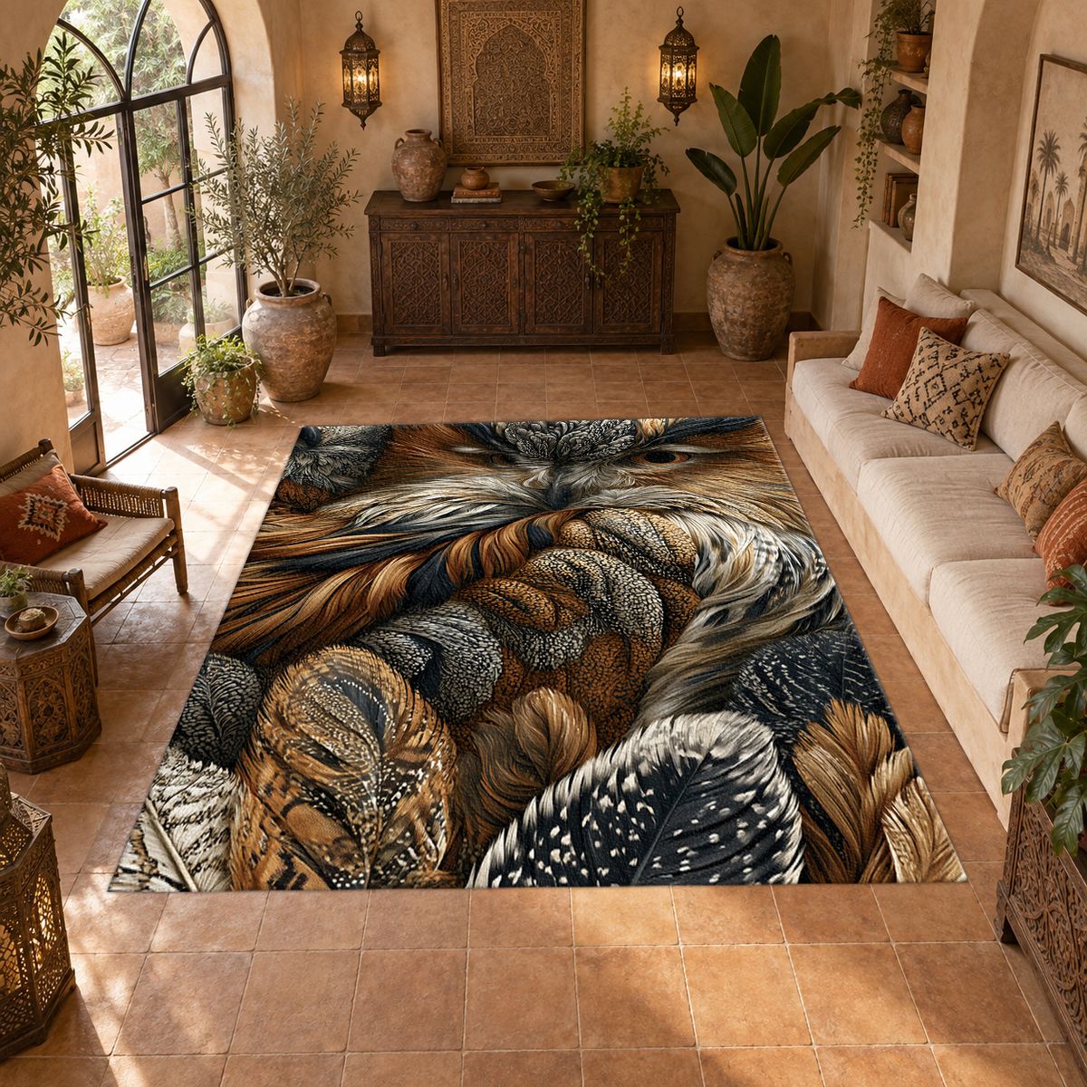 Brown Owl Feather Close Up printed area rug