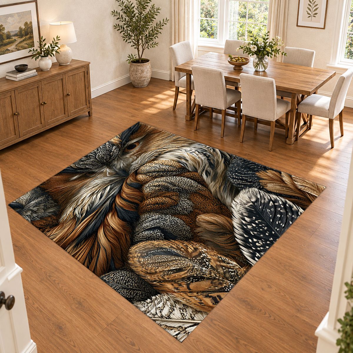 Brown Owl Feather Close Up printed area rug