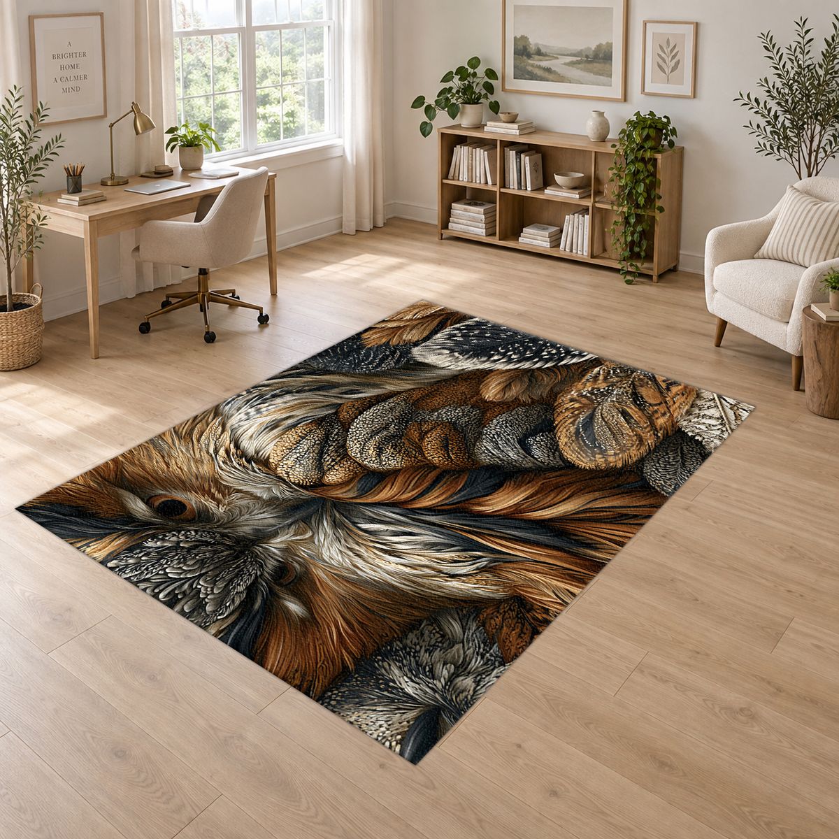 Brown Owl Feather Close Up printed area rug