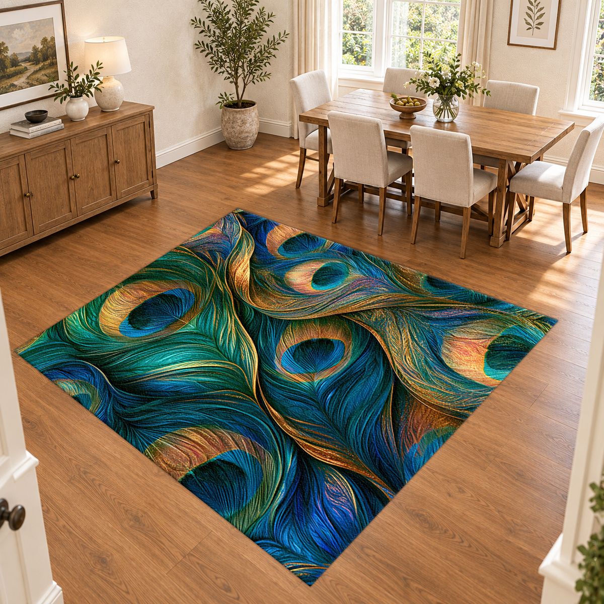 Peacock Feathers Jewel Tone printed area rug