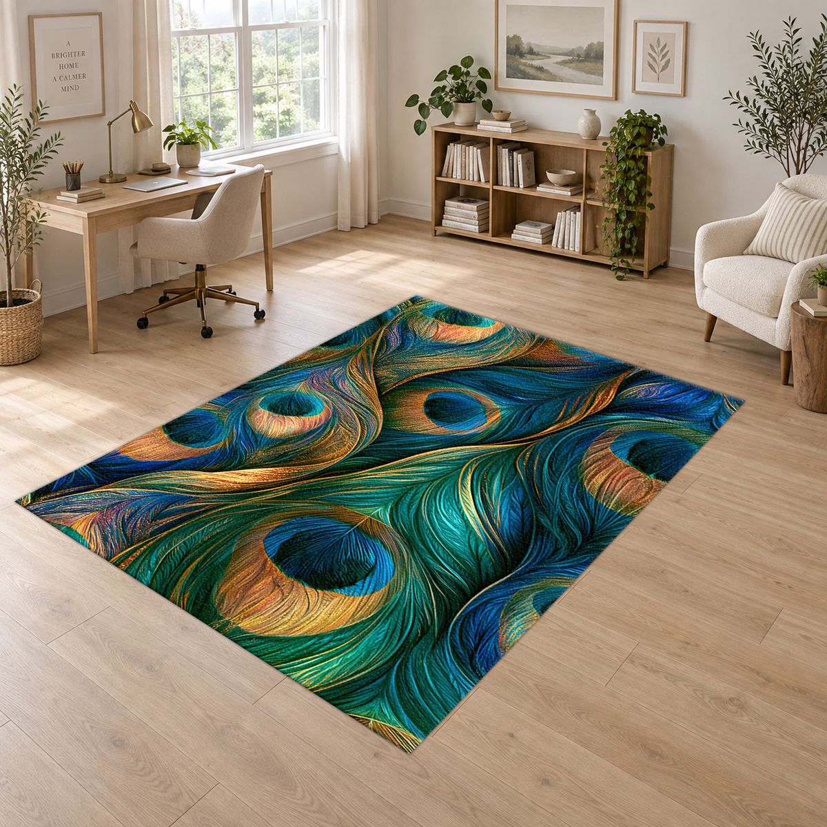Peacock Feathers Jewel Tone printed area rug