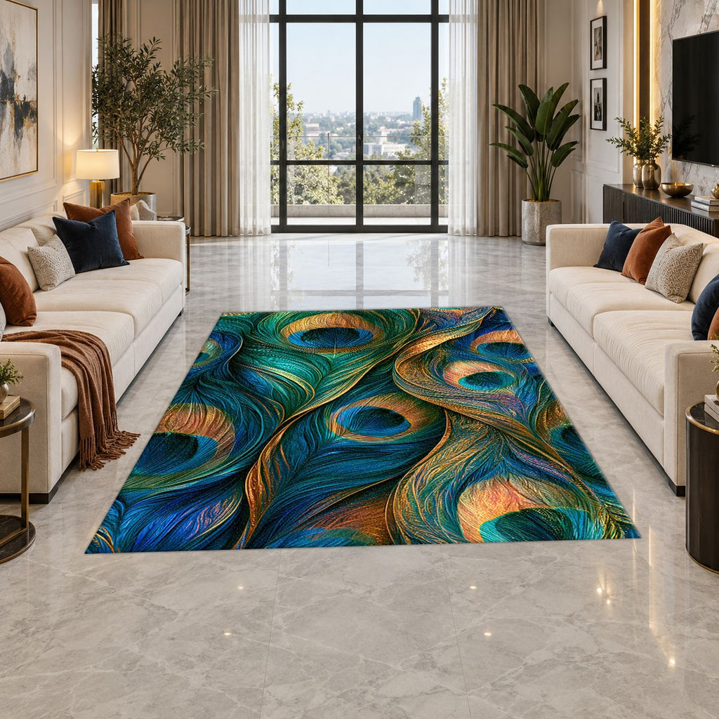 Peacock Feathers Jewel Tone printed area rug