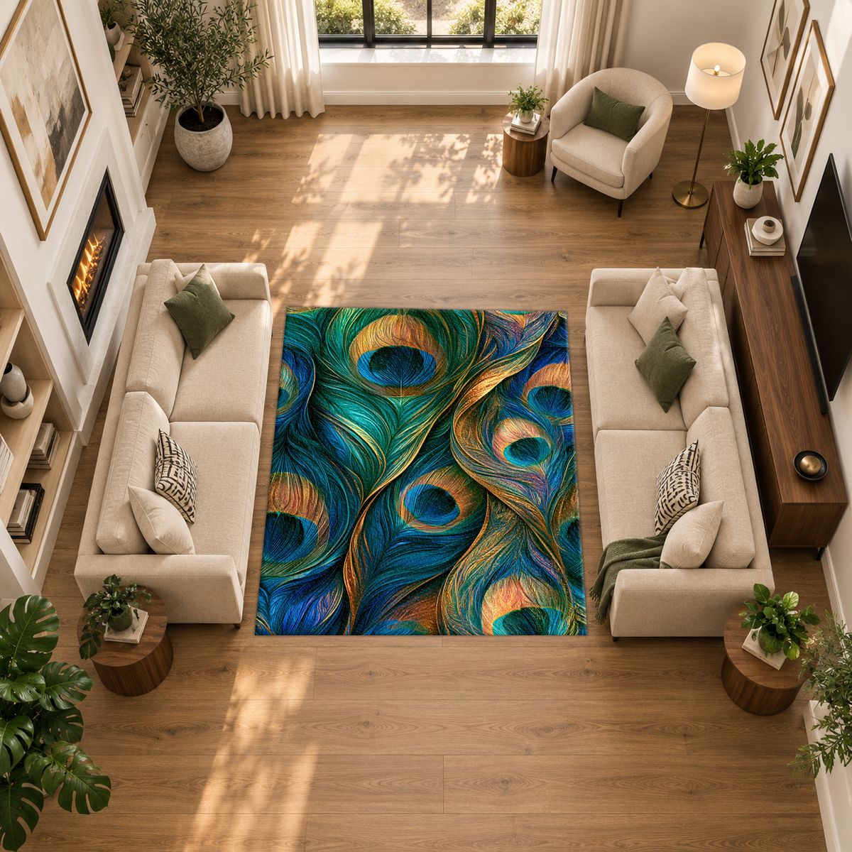 Peacock Feathers Jewel Tone printed area rug