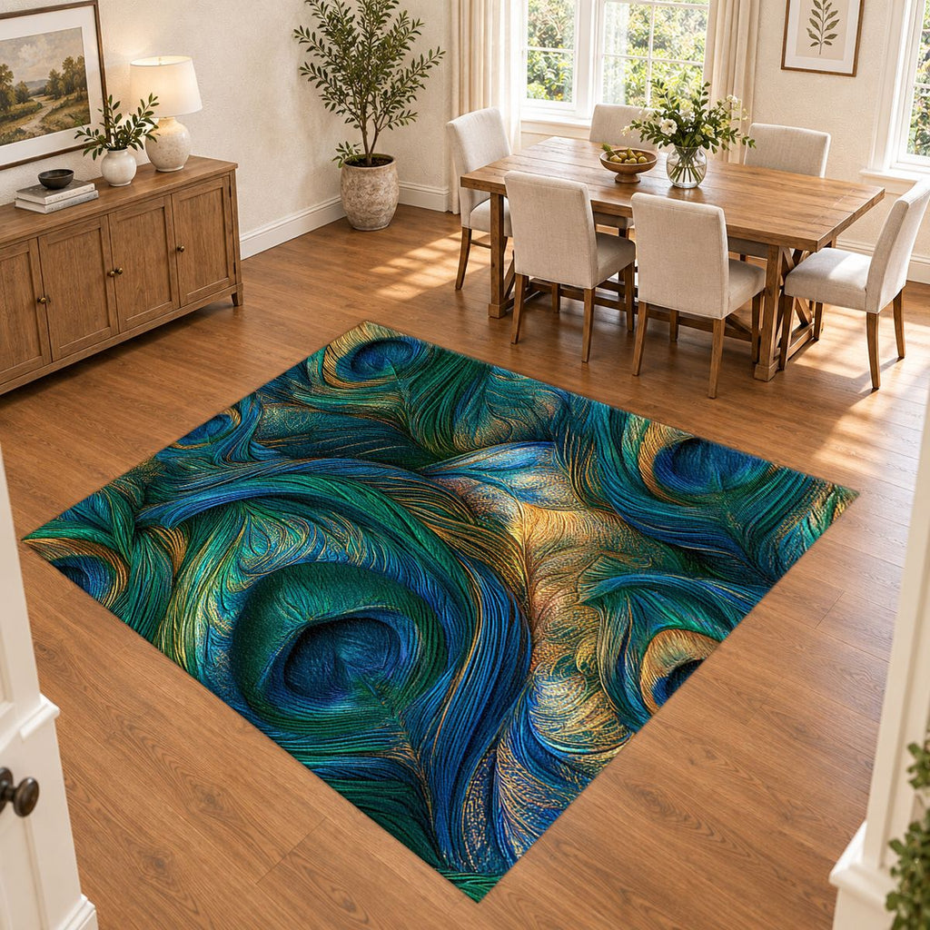 Emerald Peacock Feather Swirl printed area rug