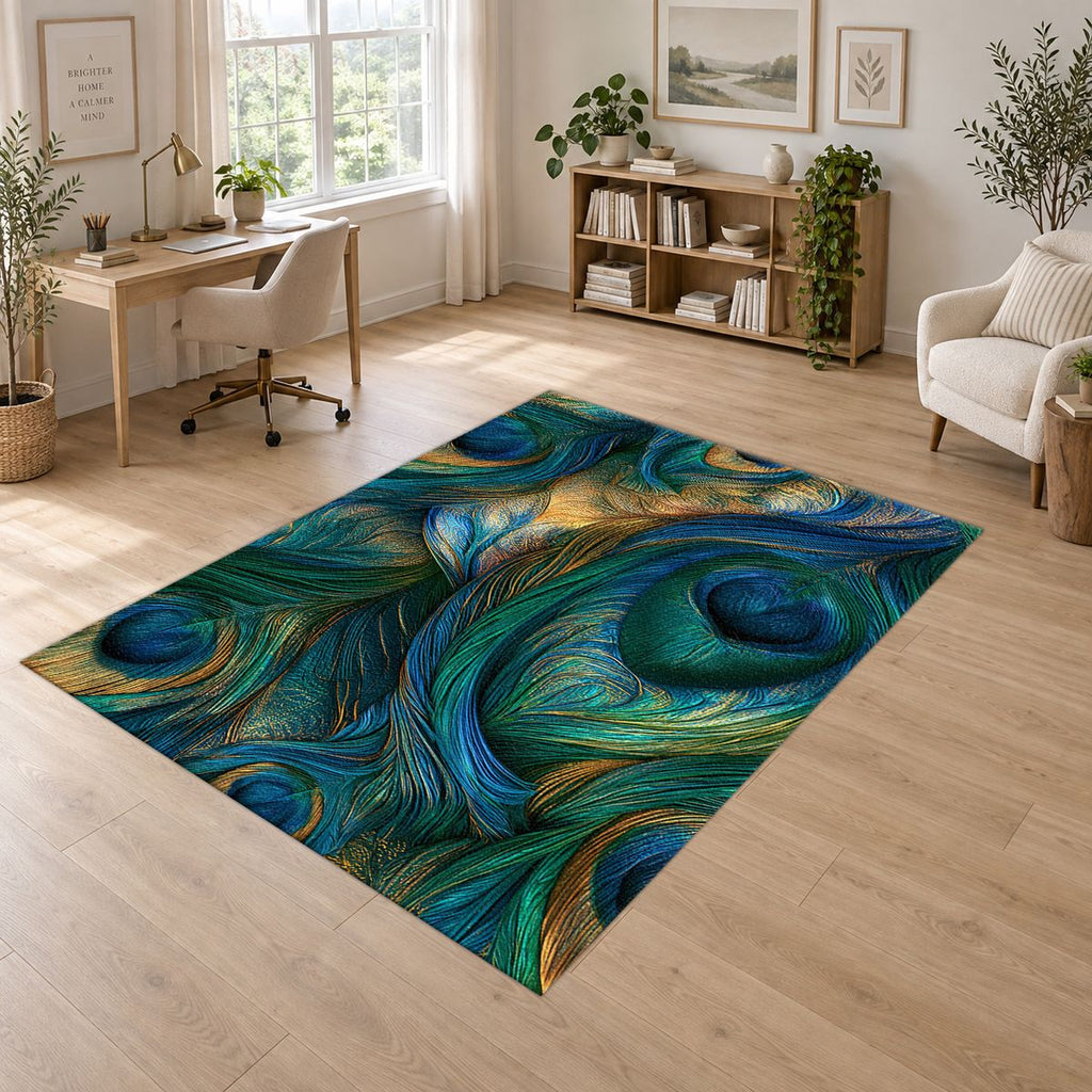 Emerald Peacock Feather Swirl printed area rug