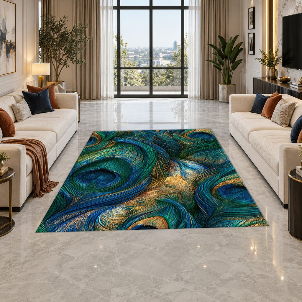 Emerald Peacock Feather Swirl printed area rug
