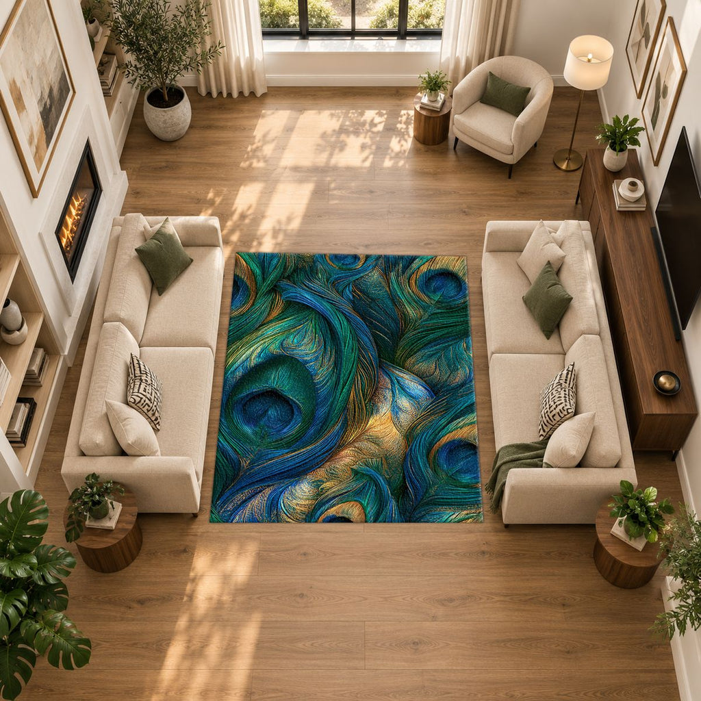 Emerald Peacock Feather Swirl printed area rug