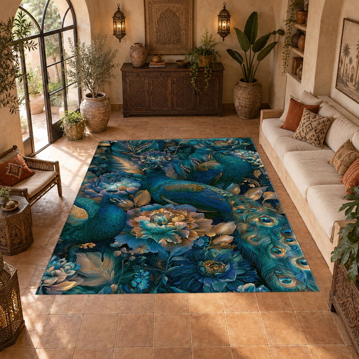 Teal Peacock Floral Garden printed area rug