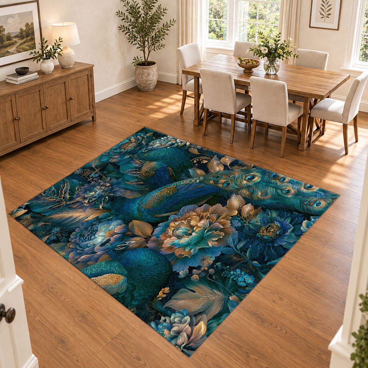 Teal Peacock Floral Garden printed area rug
