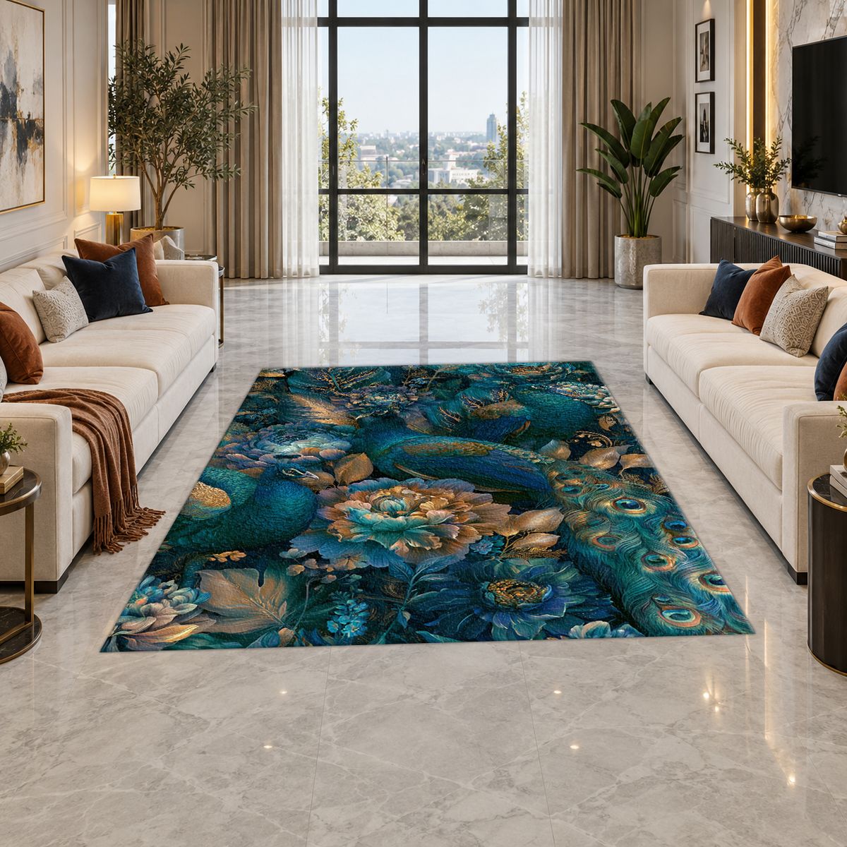 Teal Peacock Floral Garden printed area rug