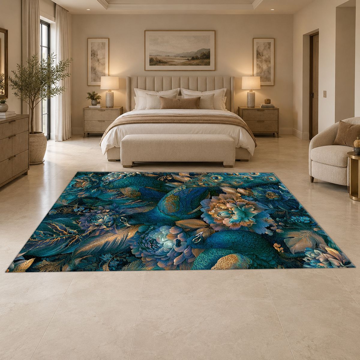 Teal Peacock Floral Garden printed area rug