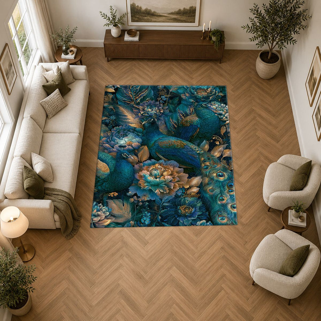 Teal Peacock Floral Garden printed area rug