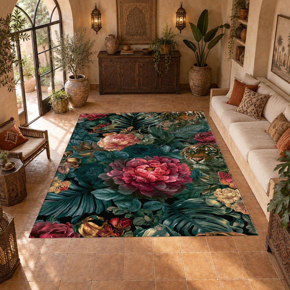 Hidden Tiger Rose Jungle printed area rug
