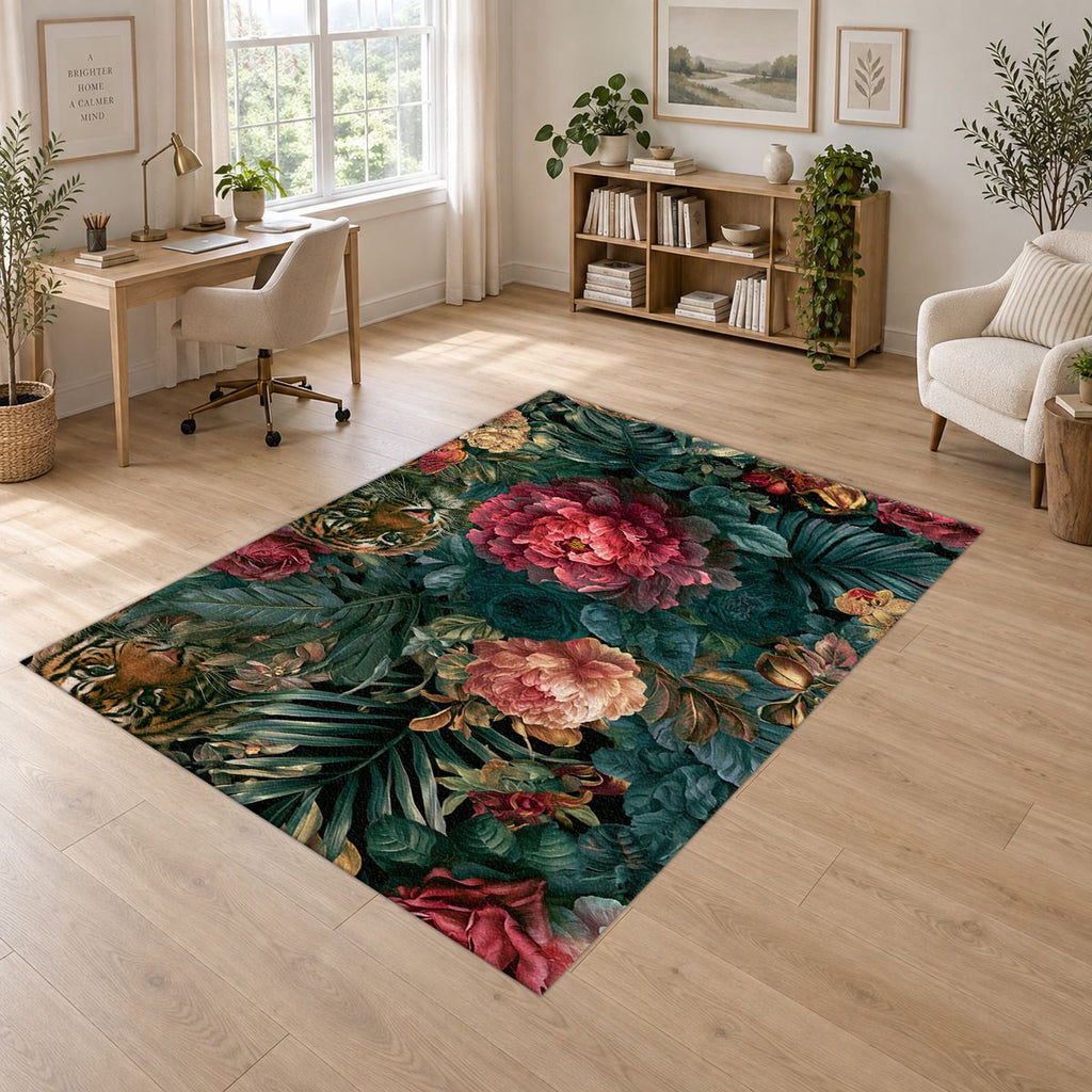 Hidden Tiger Rose Jungle printed area rug