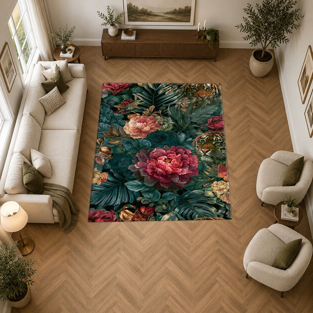 Hidden Tiger Rose Jungle printed area rug