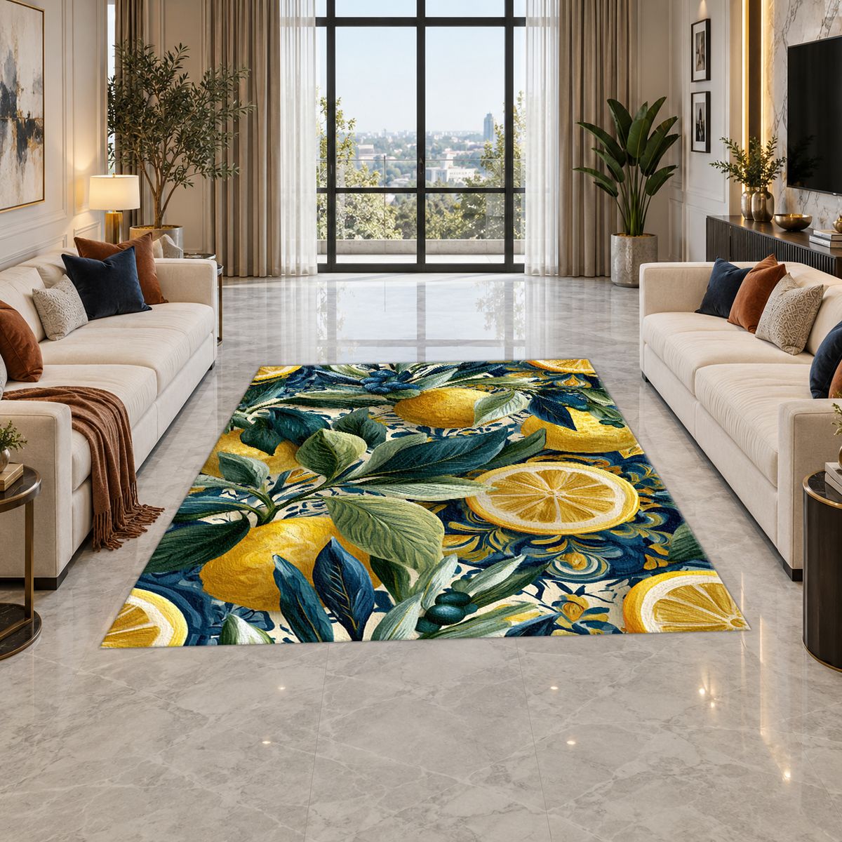 Lemon and Blue Berry Botanical printed area rug