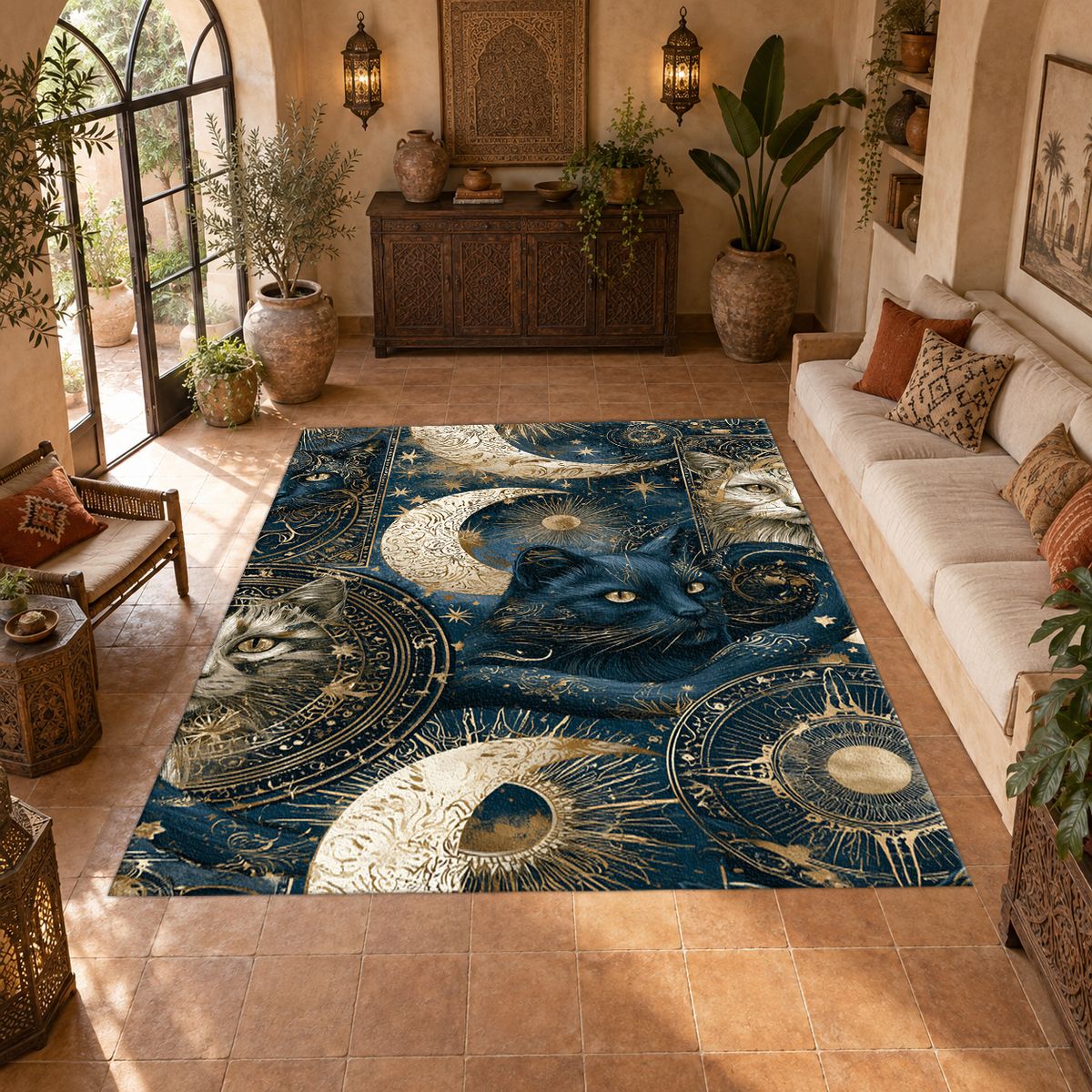 Celestial Black Cat and Moons printed area rug