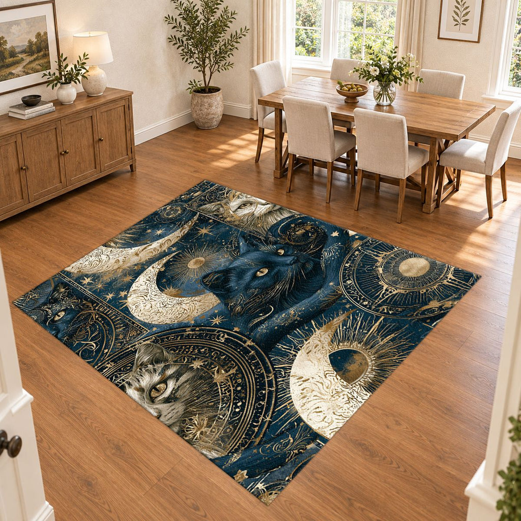 Celestial Black Cat and Moons printed area rug