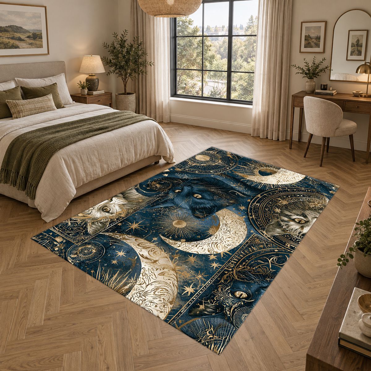 Celestial Black Cat and Moons printed area rug