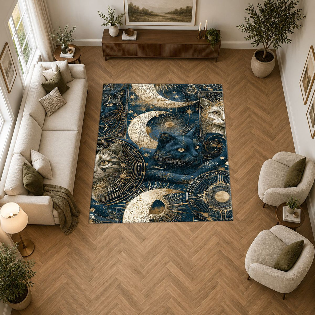 Celestial Black Cat and Moons printed area rug