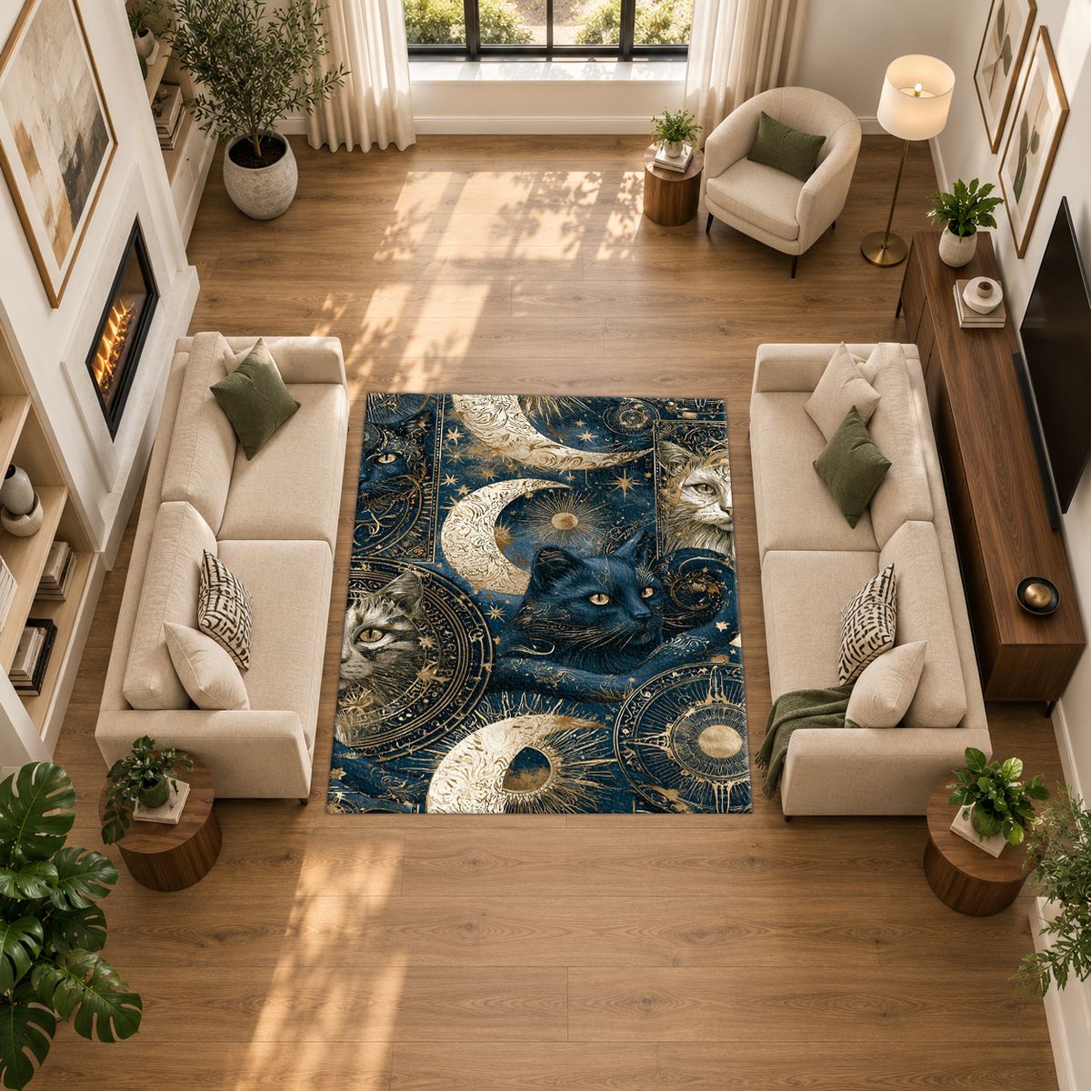 Celestial Black Cat and Moons printed area rug