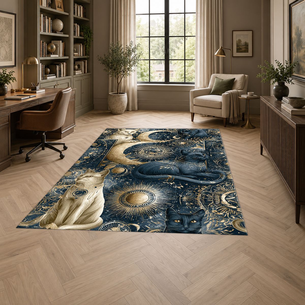 Mystical Cats Moon Phases printed area rug