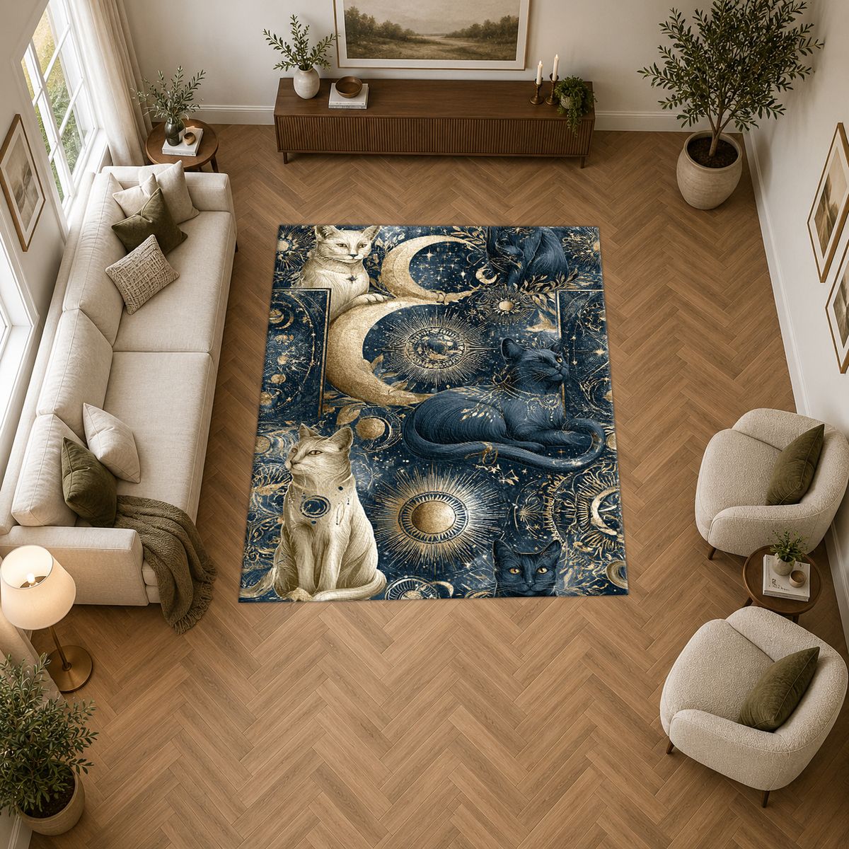 Mystical Cats Moon Phases printed area rug