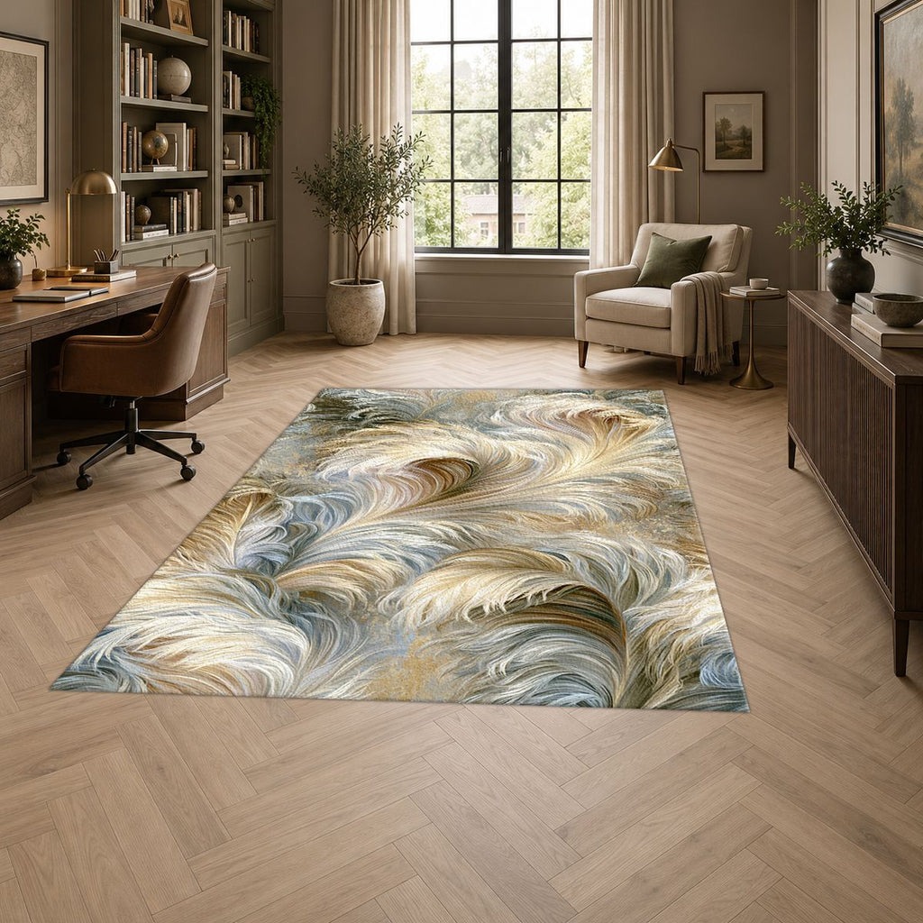 Ivory Feather Swirl printed area rug