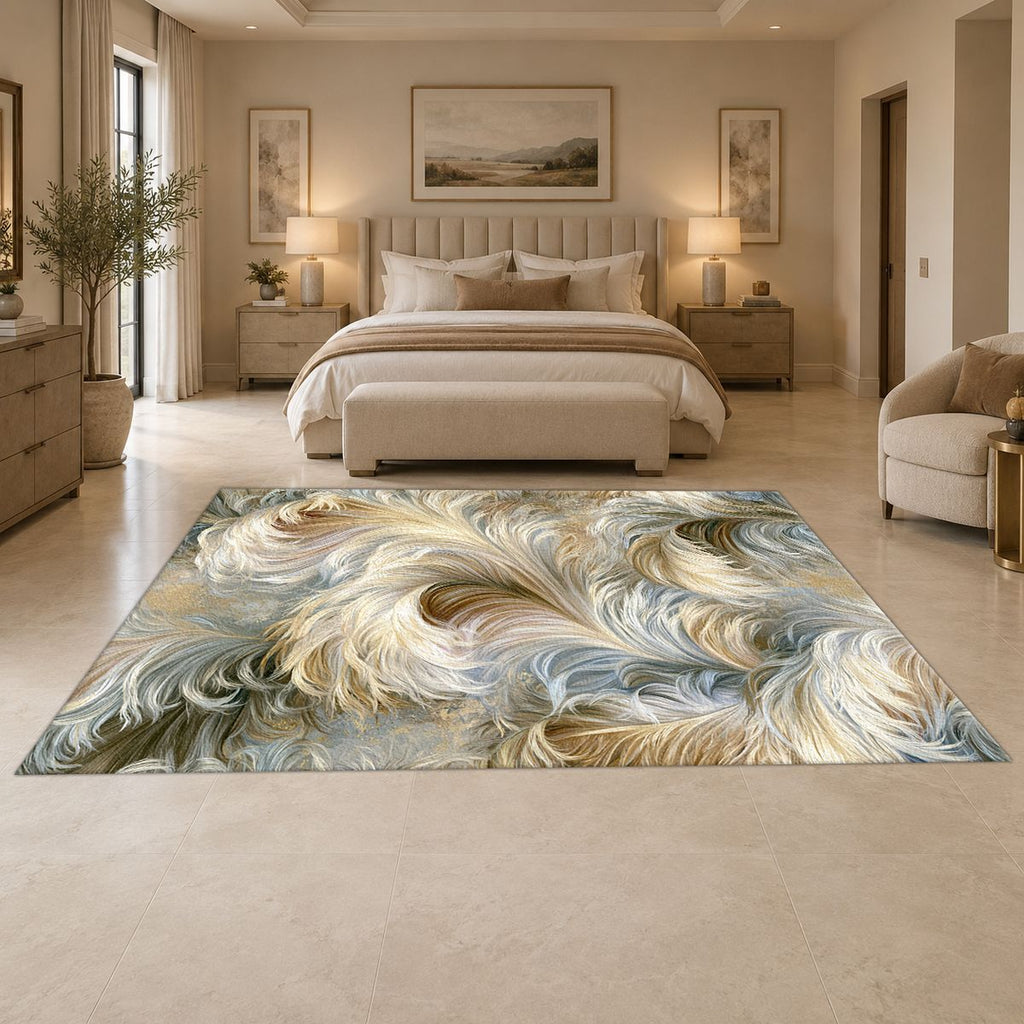 Ivory Feather Swirl printed area rug