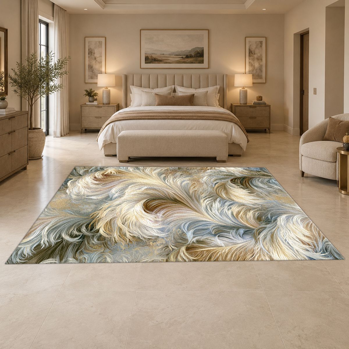 Ivory Feather Swirl printed area rug