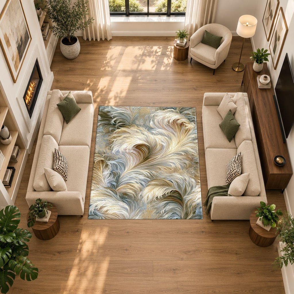 Ivory Feather Swirl printed area rug
