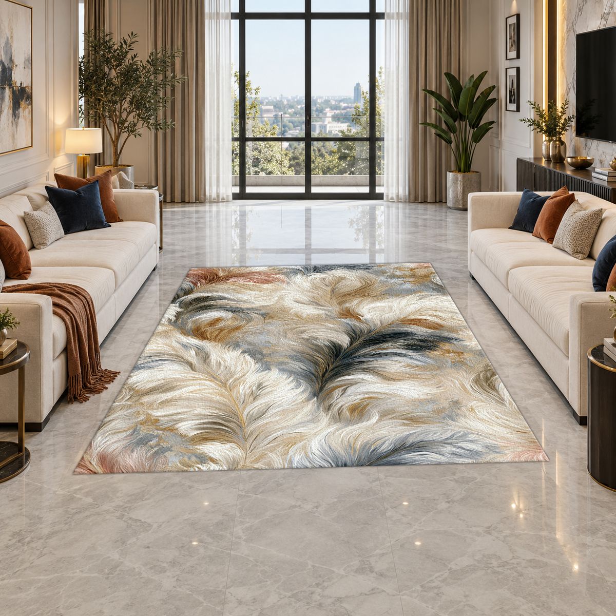 White and Gray Fluffy Fur printed area rug