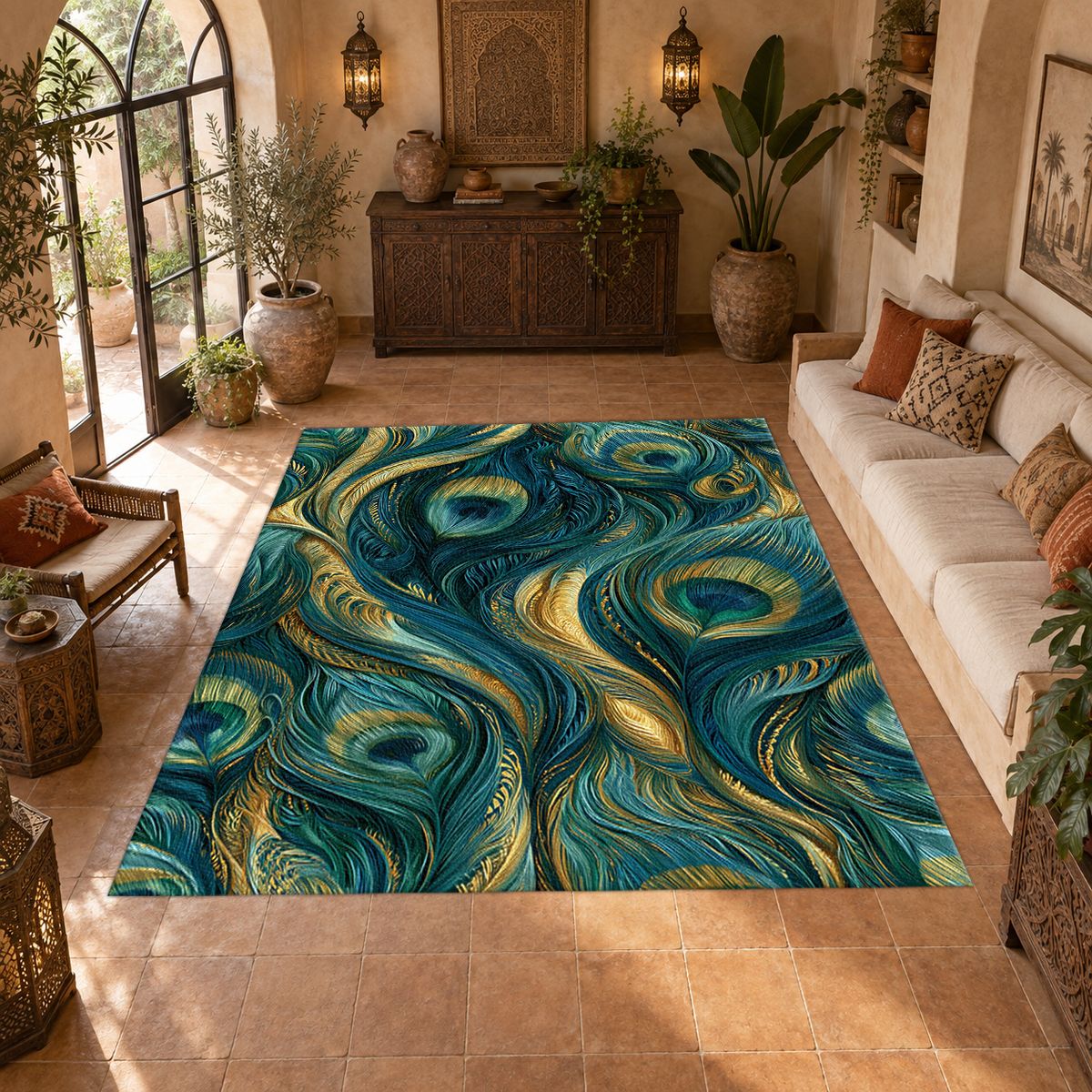 Gold and Teal Peacock Feathers printed area rug