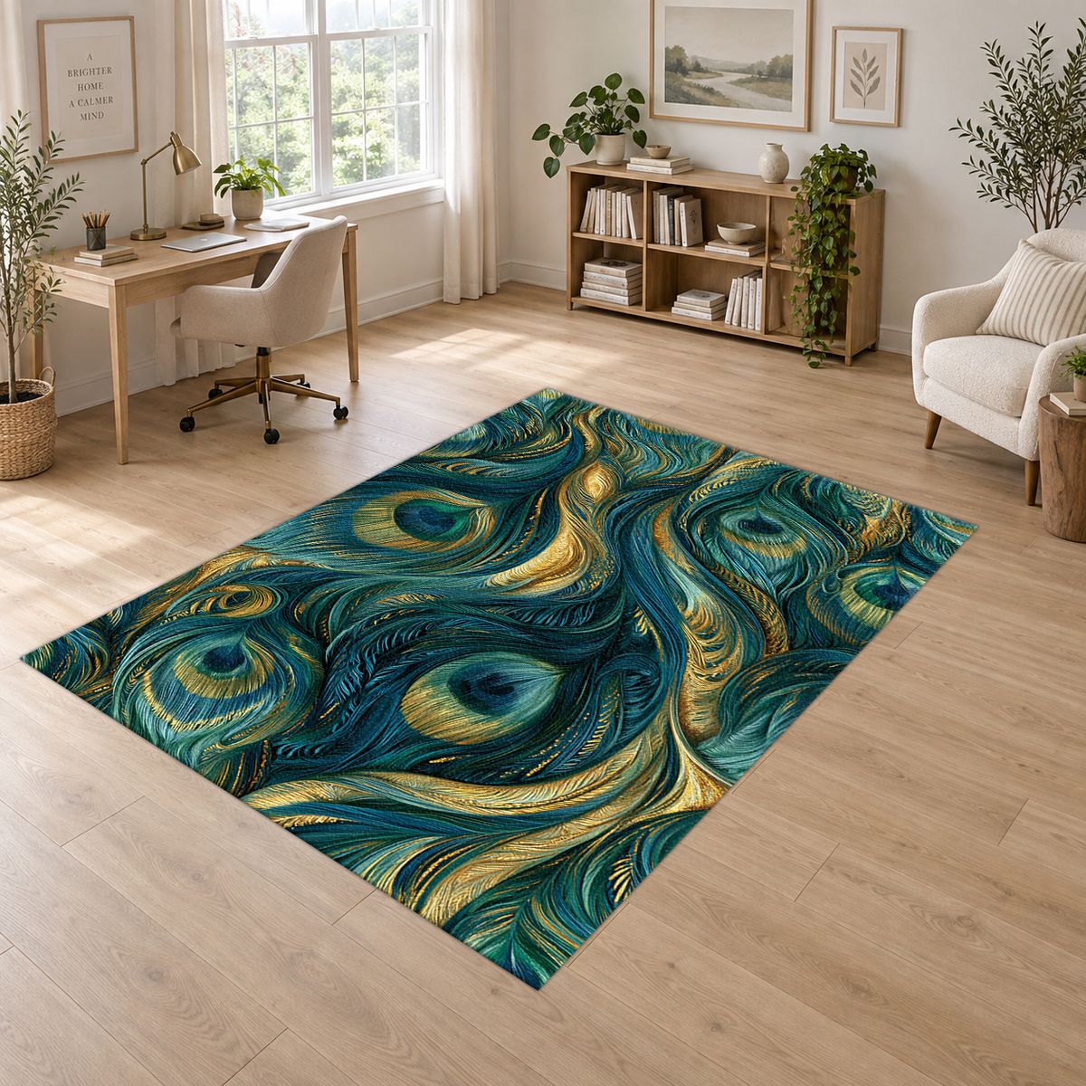 Gold and Teal Peacock Feathers printed area rug